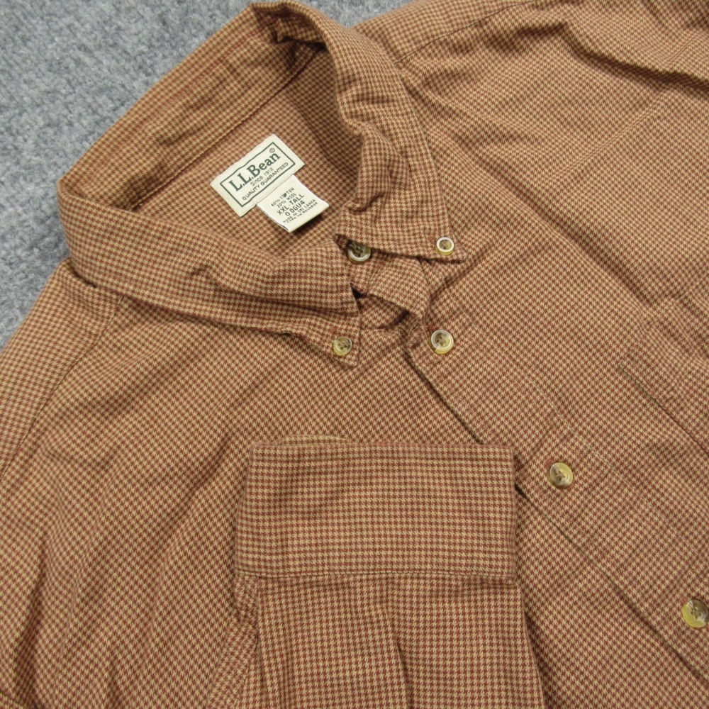 LL Bean Button‎ Down Shirt Mens XXL Tall Cotton Wool Houndstooth Brown Plaid Top
